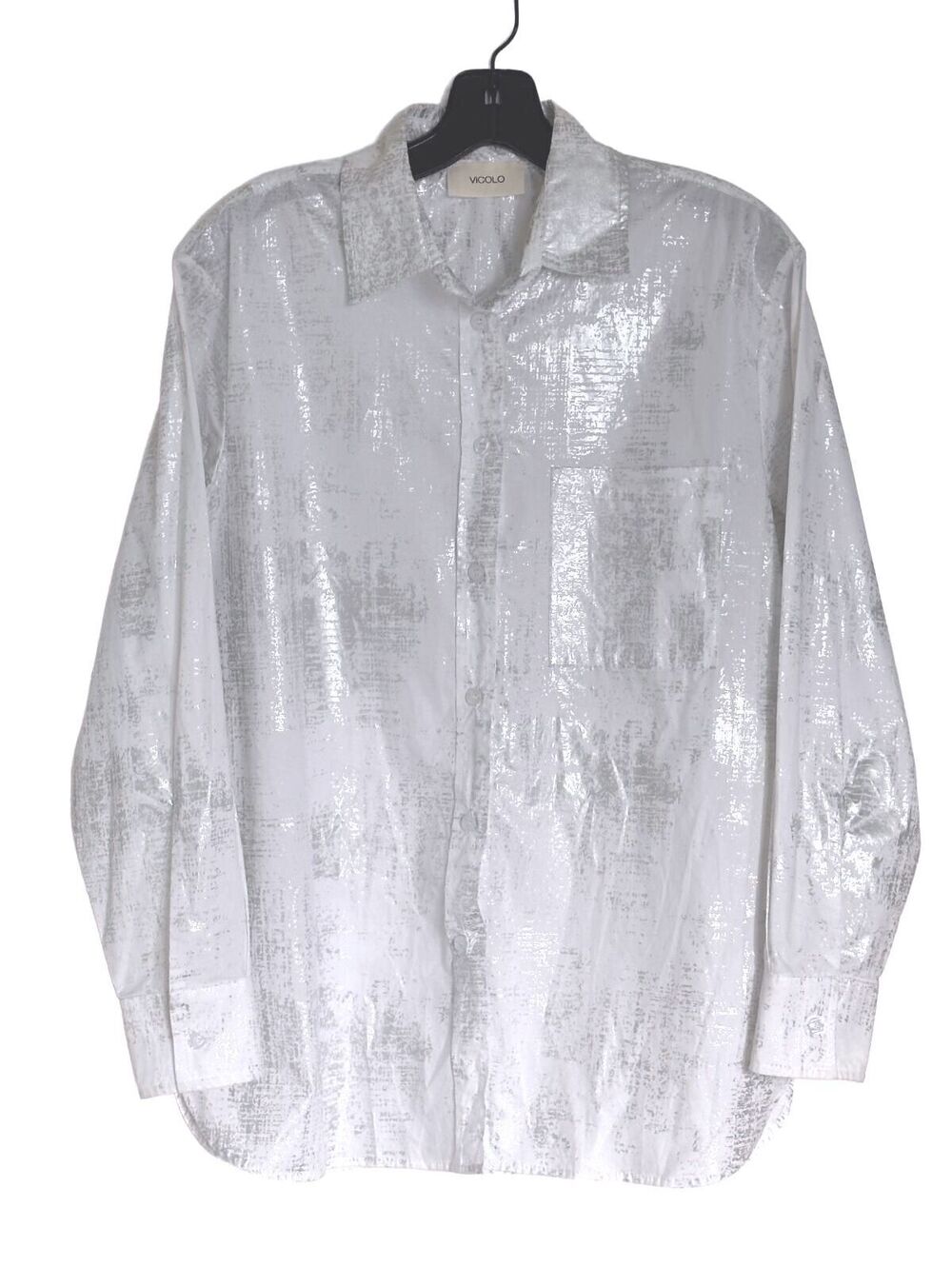 Vicolo Women's White Silver Metallic Print 100% Cotton Button-Front Shirt - M